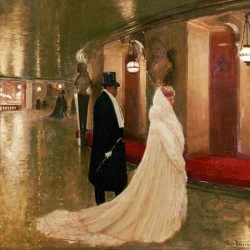 An elegant couple entering a box at the Paris Opera